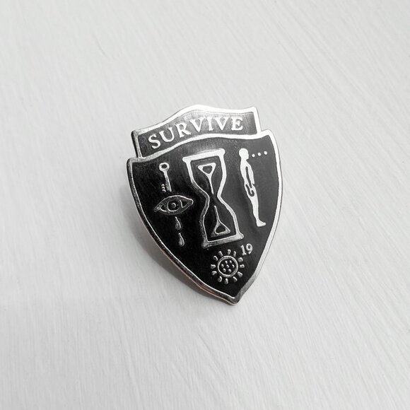 Survive Silver and Black Metal Enamel Shield Pin - Occult, Alchemy, Goth, Witchy - Picture 1 of 3